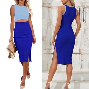 AUSELILY | Water & Royal Blue Bodycon Crew Neck Cutout Midi Dress | Size Small